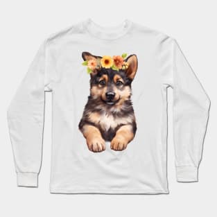 Watercolor German Shepherd Dog with Head Wreath Long Sleeve T-Shirt